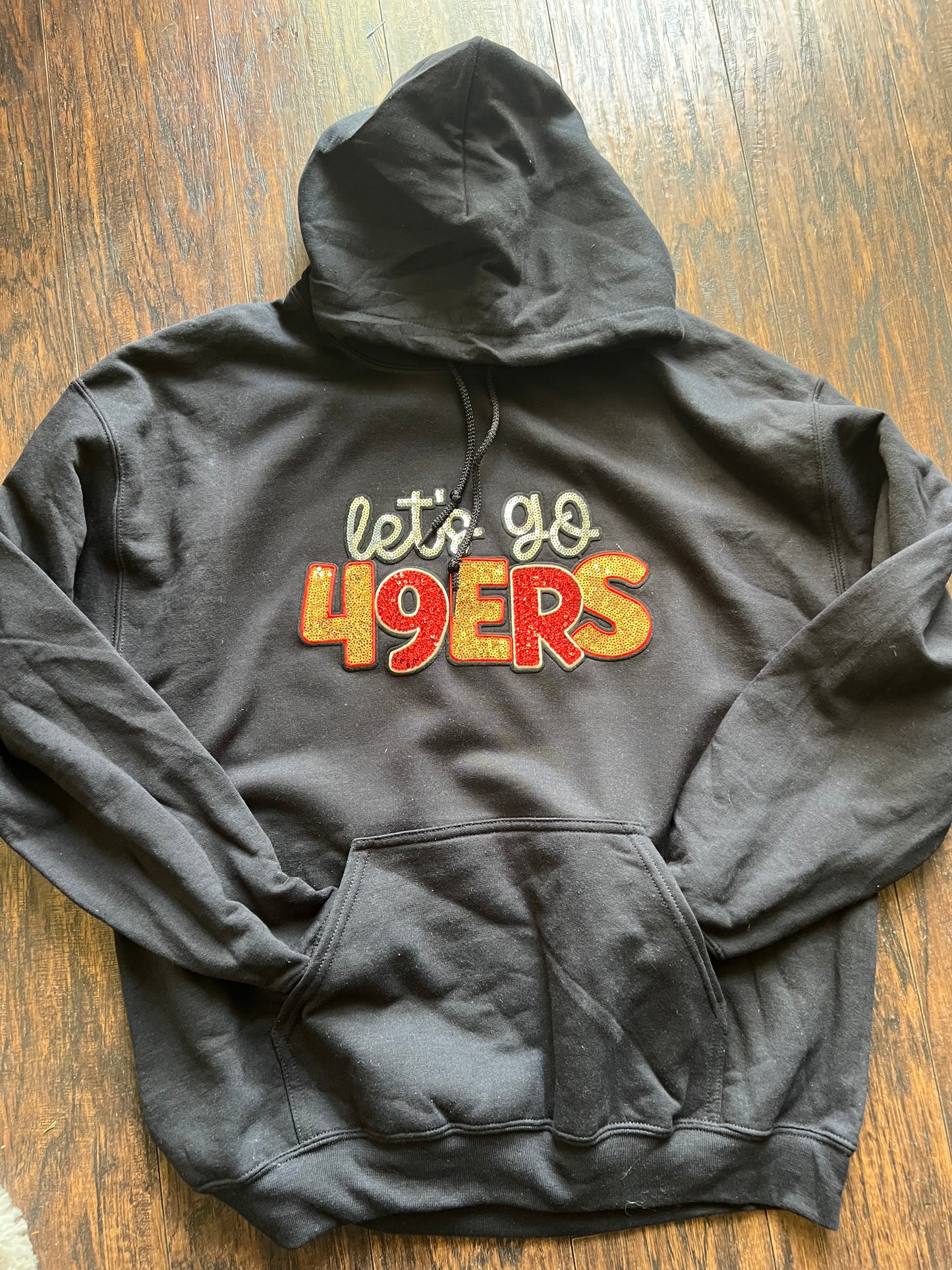 Let’s go 49er football sweatshirt or tshirt, San Francisco football sweatshirt with real sequin letters, unisex football fan shirt
