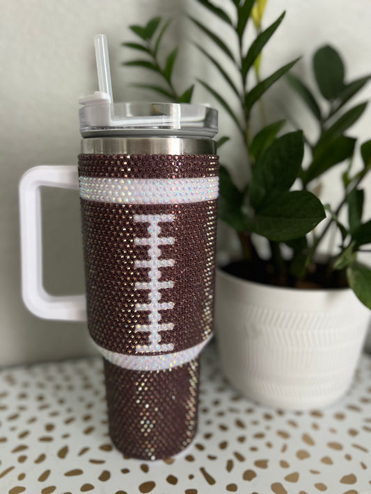 Bling Tumbler, 40oz All Rhinestone Football Tumbler w/handle and straw