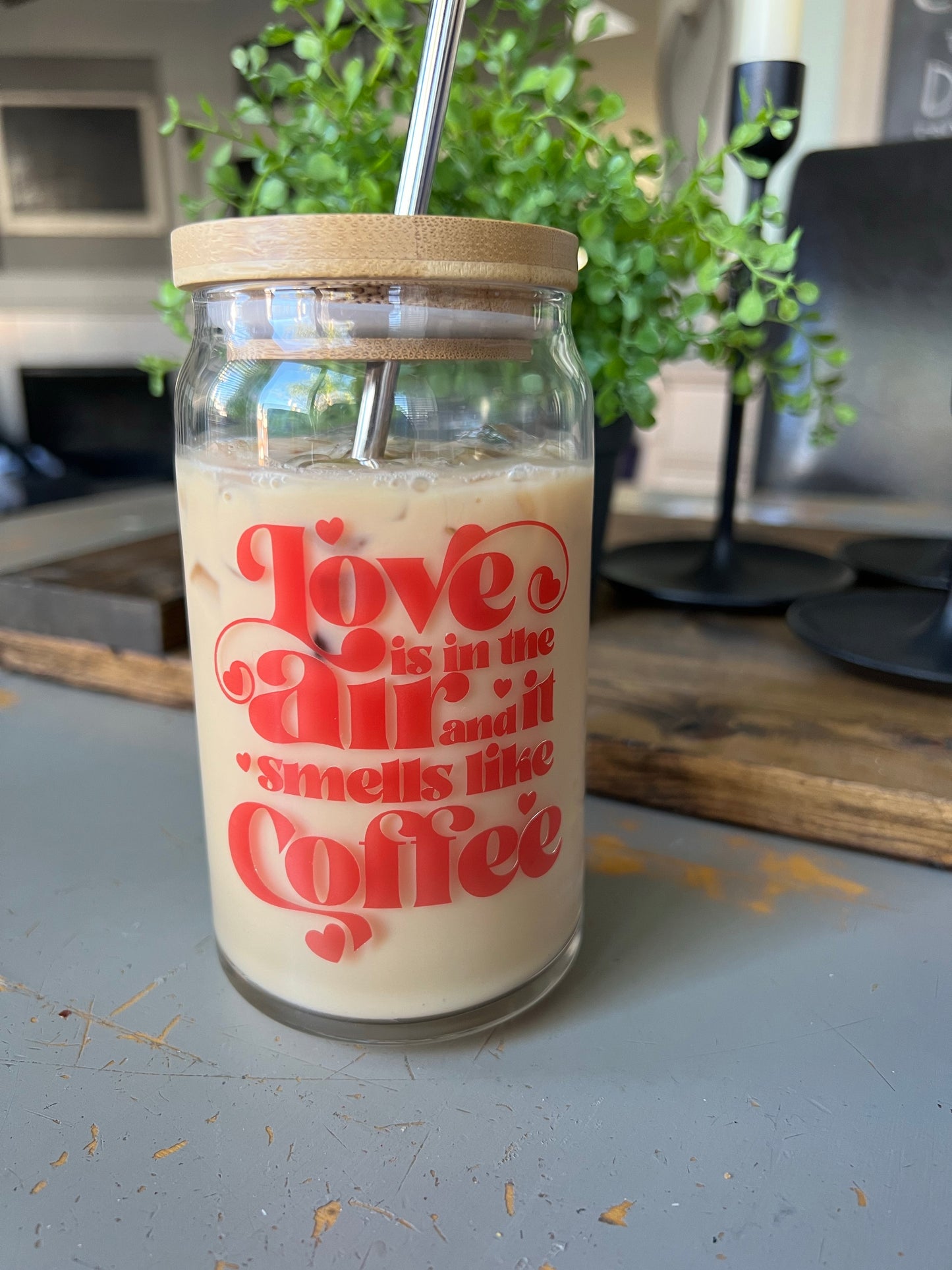 Love is in the air and it smells like coffee. Valentine’s day Libbey can glass. beer can glass. iced coffee glass. Valentine’s day gift