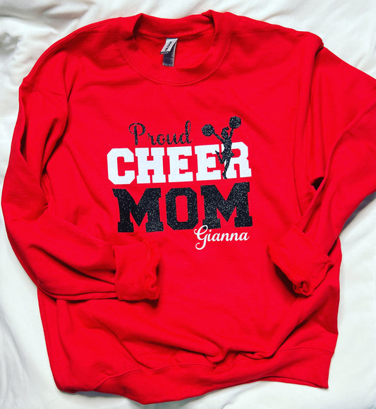 CUSTOM Cheer Mom Sweatshirt with Kids Name , Personalized Cheer Mama Gift, Proud Senior Cheer Mom Crewneck, Cute Cheerleading Shirt