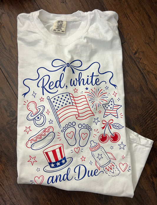 Red, White and Due Comfort Colors® Maternity Shirt | Fourth of July Pregnancy Announcement | Patriotic Baby Bump Tee | 4th of July Mom-to-Be