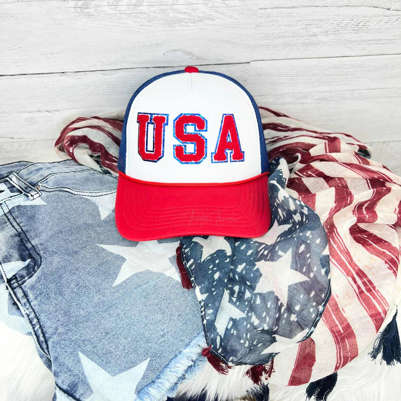 USA Trucker Hat Chenille Letter Patch , 4th Of July Trucker Hat, Letter Patch Hat