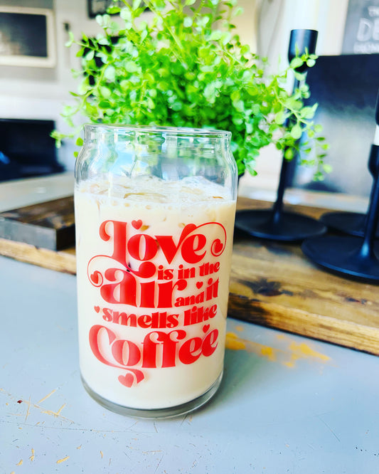 Love is in the air and it smells like coffee. Valentine’s day Libbey can glass. beer can glass. iced coffee glass. Valentine’s day gift